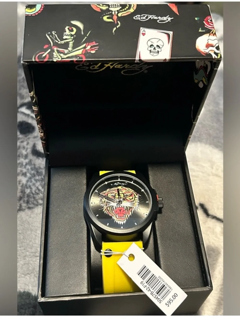Ed Hardy Black Case Watch with Yellow Strap and Multicolor Tiger Dial Art